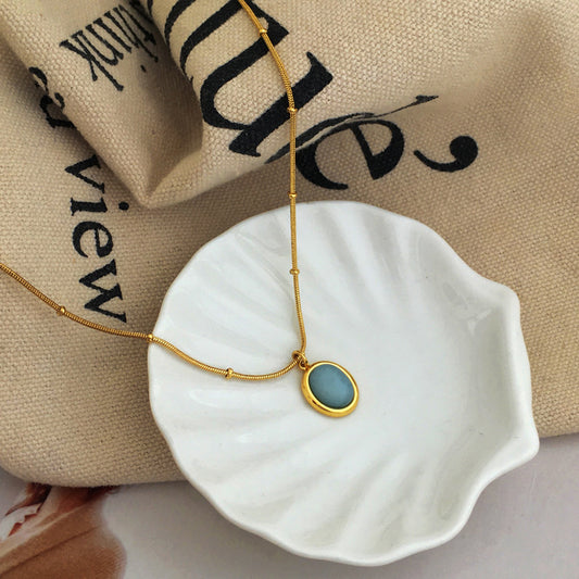 [DF]Genuine gold plated Japanese and Korean simple oval pendant necklace small fresh blue necklace net celebrity ins wind collarbone chain