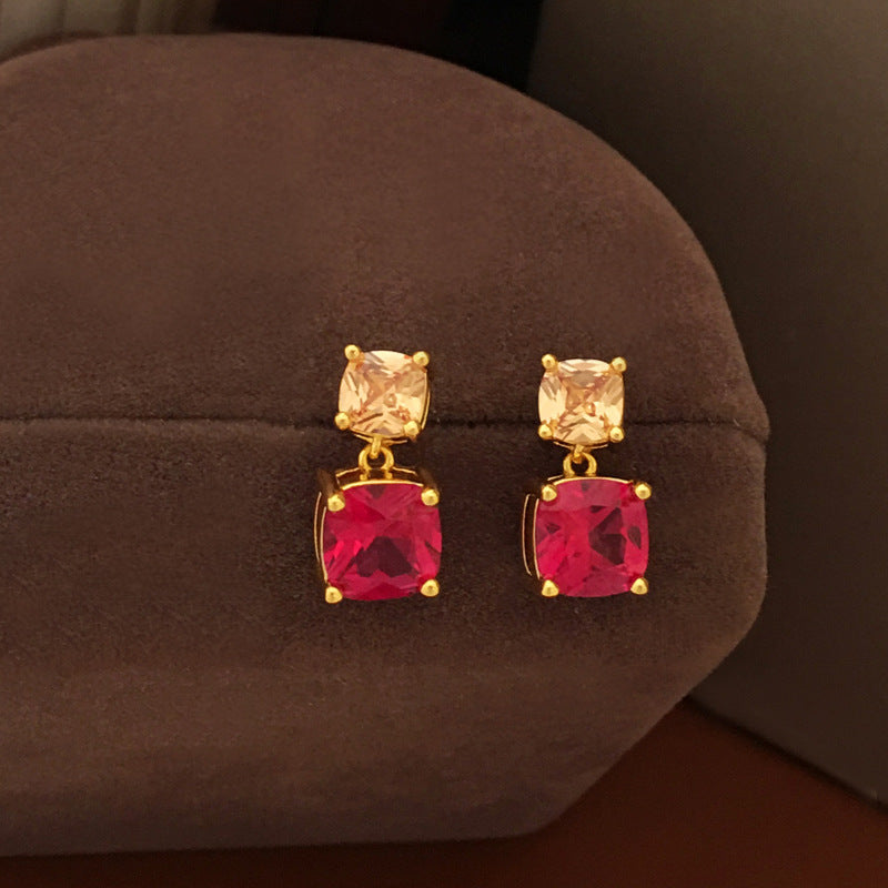 [DF] Boucles d'oreilles en cuivre plaqué or véritable S925 avec aiguille en argent rose doux en zircon rouge pour femmes, style incrusté, boucles d'oreilles petites et haut de gamme