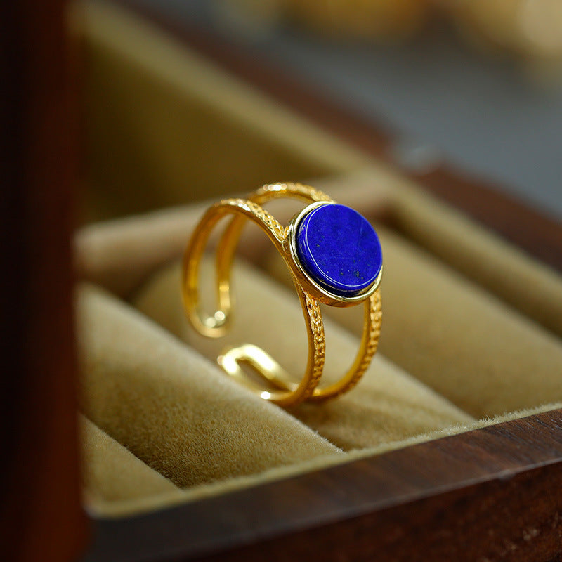 Bague lapis lazuli en argent plaqué or S925, ajourée à la mode