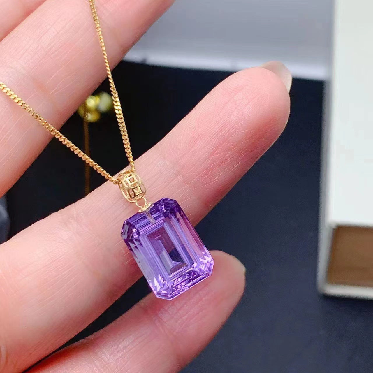 Natural Brazilian amethyst pendant 18k gold studded necklace