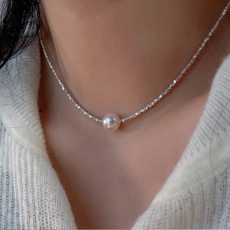 [DF]Elegant Shards: Sterling Silver Pearl Necklace - 10-12mm Radiant Round Luminescence Collar