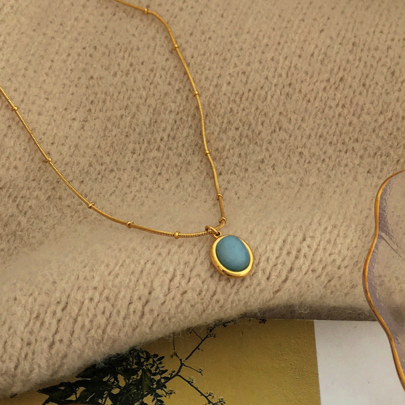 [DF]Genuine gold plated Japanese and Korean simple oval pendant necklace small fresh blue necklace net celebrity ins wind collarbone chain