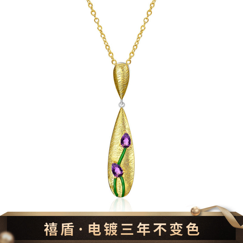 S925 silver plated K-gold inlaid amethyst necklace pendant