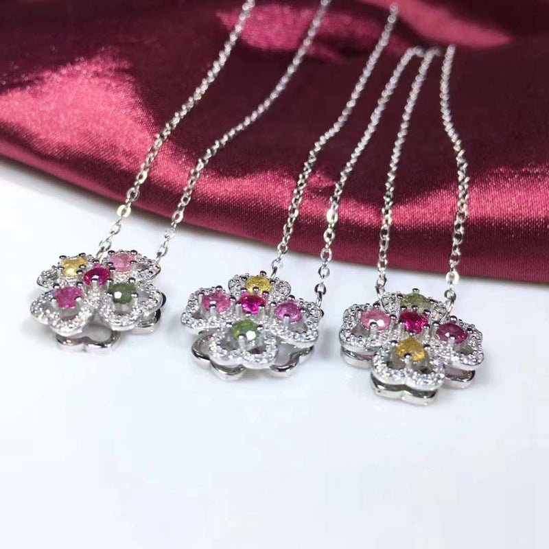 Natural Tourmaline Luxury Set Four Leaf Grass Rotating Pendant Inlaid with S925 Silver