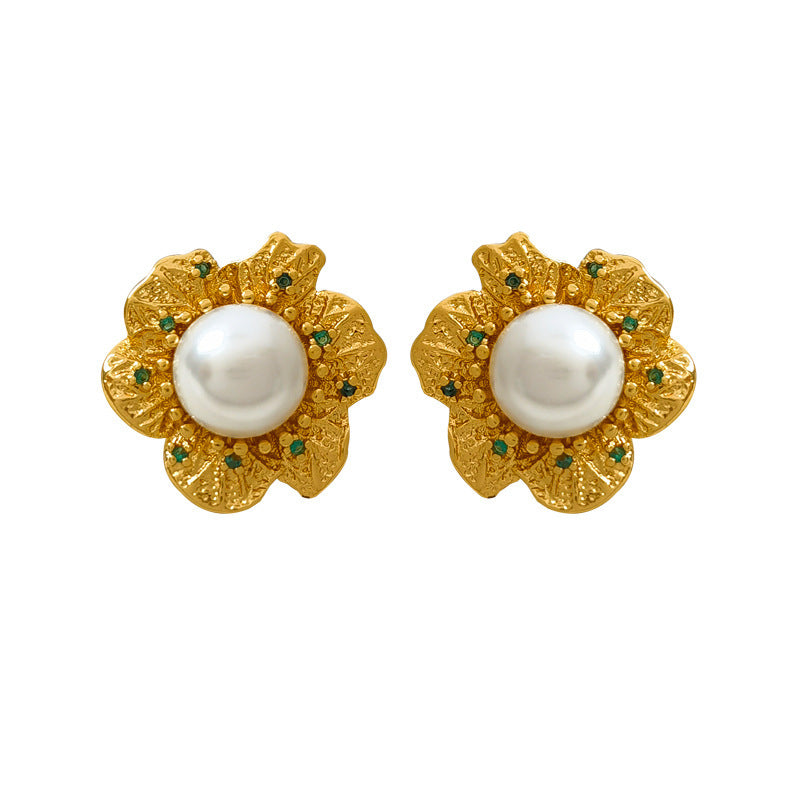 [DF] Pendientes de flores vintage coreanas con aguja de plata S925 bañados en oro auténtico y cobre, pendientes de perlas de lujo ligeros, pendientes de viento Ins para mujer