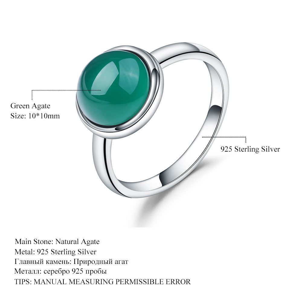 Fashionable and minimalist green agate jewelry set with s925 sterling silver inlaid natural color treasure rings and earrings, two-piece set