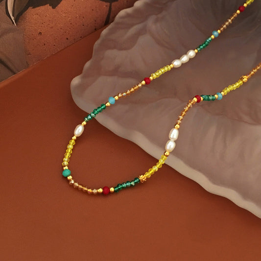 [DF]Small niche design, Bohemian style, contrasting glass bead necklace, temperament, personality, cultured pearl collarbone chain