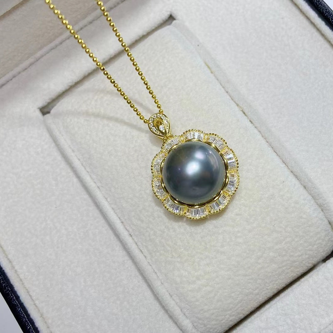 S925 Silver Pearl Pendant Tahiti Sea Black Pearl 13-14mm good quality pearl pendant