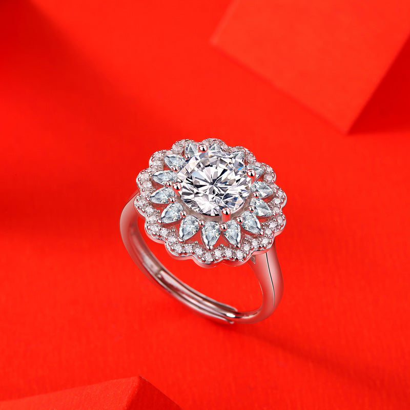 S925 Silver Mosonite Ring, Floral Women's New Trendy Ring