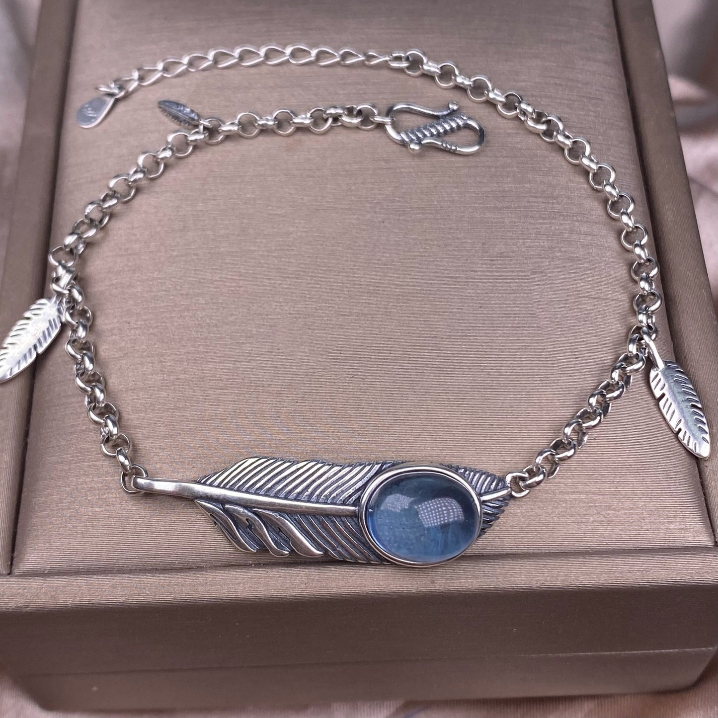 Aquamarine bracelet s925 silver inlaid retro old feather jewelry