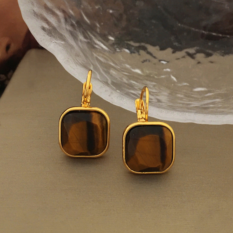 [DF]Copper plated real gold vintage Hong Kong style simple geometric square tiger's eye earrings, high-end sense of niche design earrings