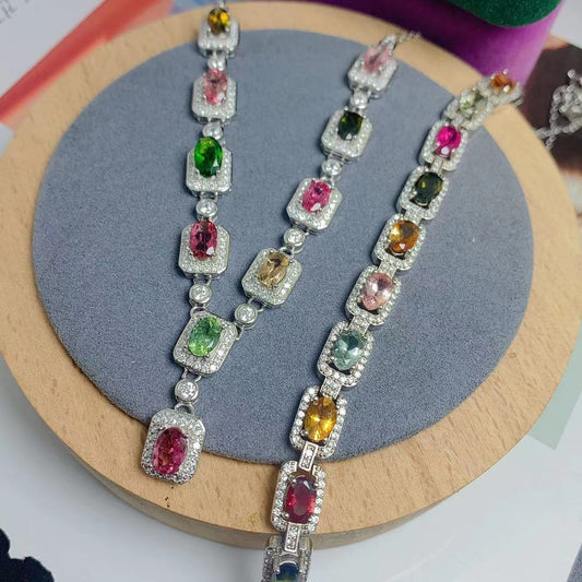 Natural candy color tourmaline 925 silver inlaid bracelet necklace