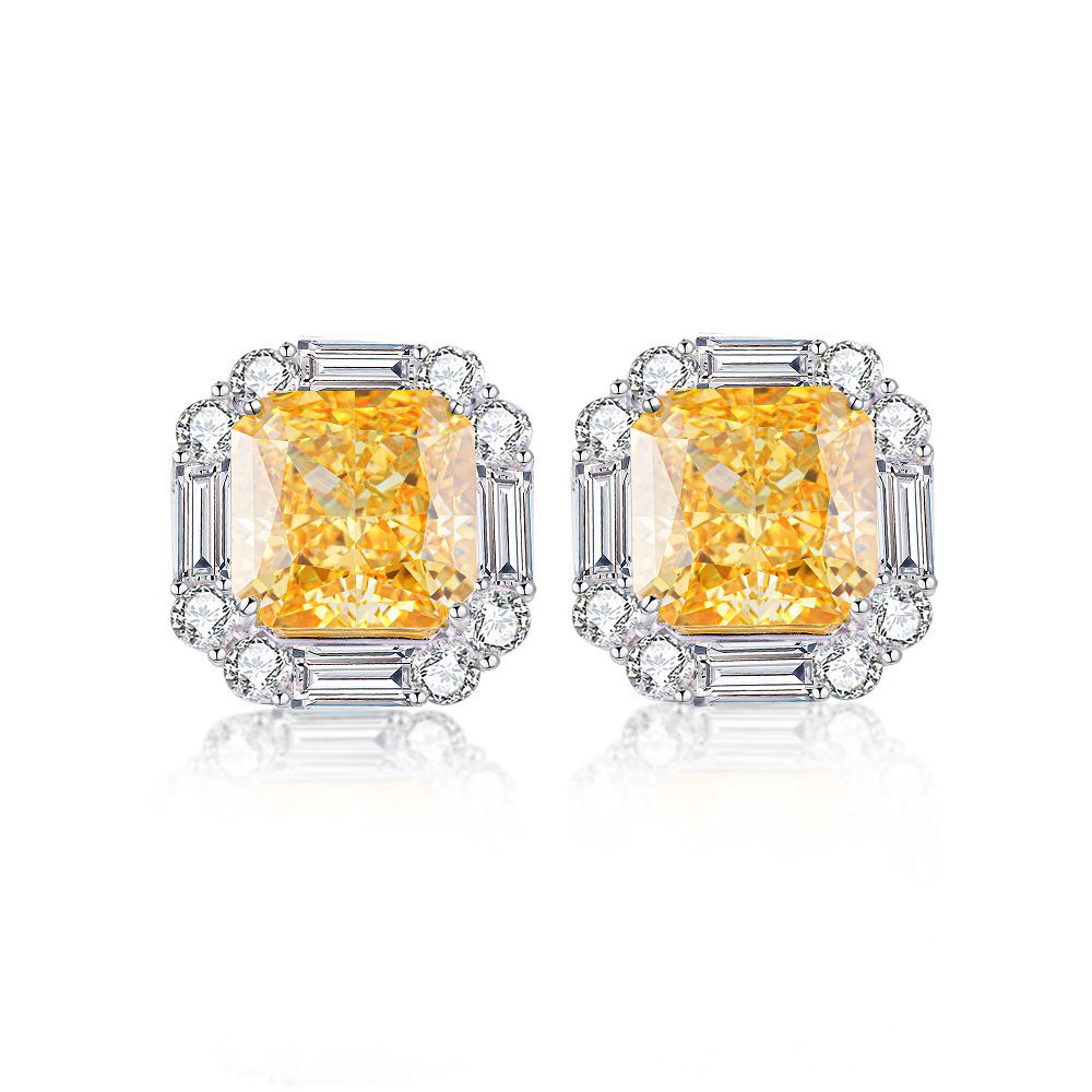 8A Ice Flower Cutting Earrings S925 Silver New Yellow Diamond Full Diamond Zircon