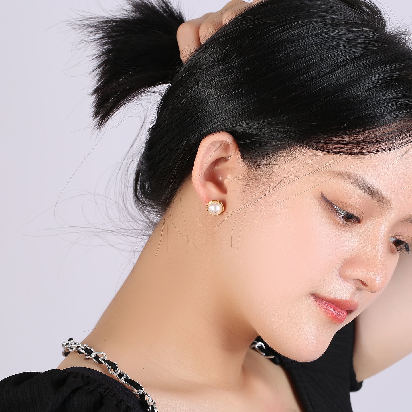 【DF】Pearl earrings women's new celebrity style high-end sense S925 silver needle light luxury design earrings temperament jewelry