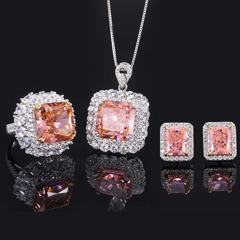 S925 Silver Imitation Colored Gemstone High Carbon Diamond Padparadscha Square Set 14*14