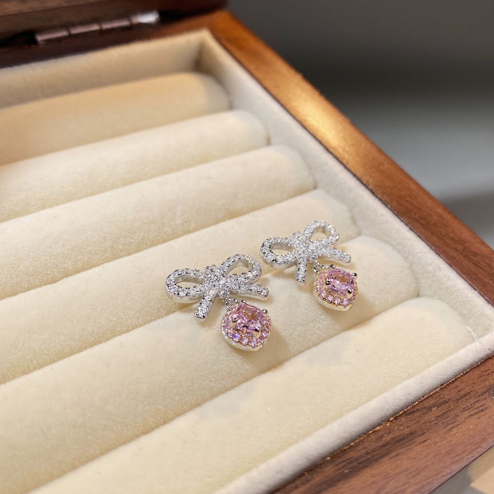 Boucles d'oreilles nœud en argent sterling 925, boucles d'oreilles style doux en diamant rose.