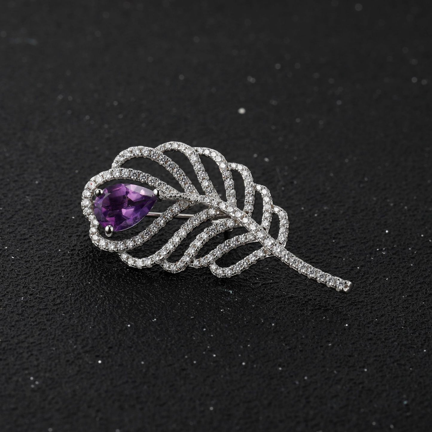 Designer's natural amethyst feather brooch banquet dress paired with high-end design s925 silver brooch