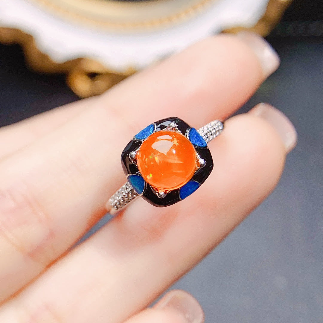 Natural Fire Opal Ring S925 silver set main stone 7*7 sellin