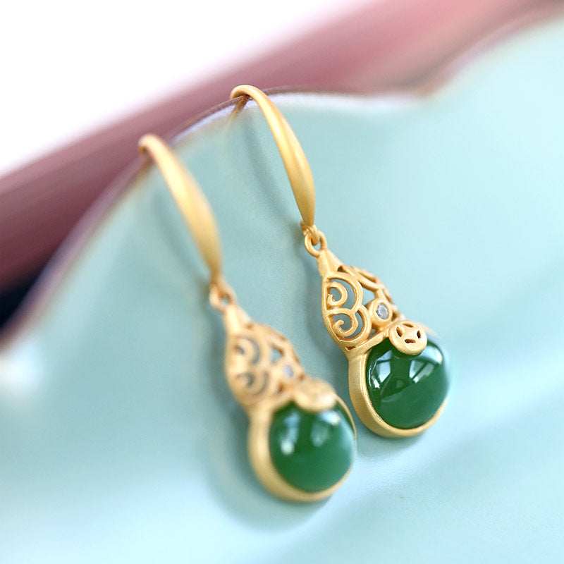 S925 Silver Plated Gold Inlaid Jade Earrings, Versatile and Versatile Female Earrings