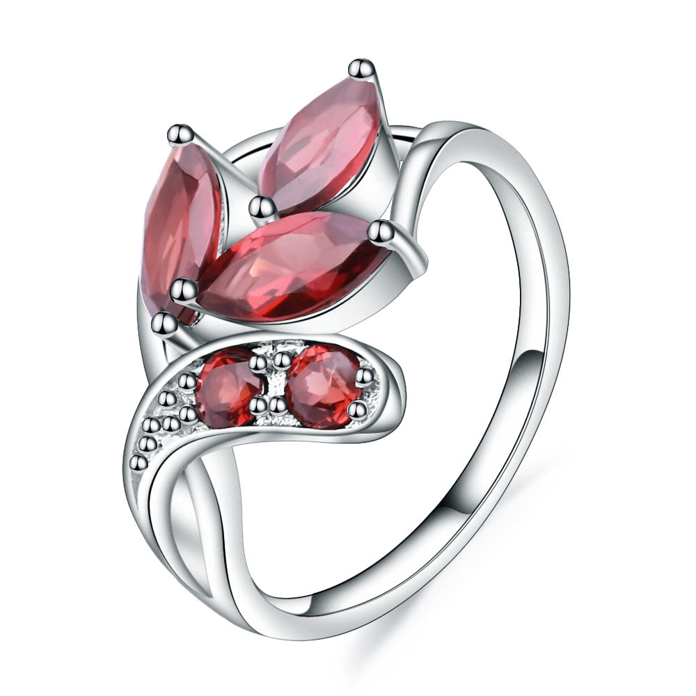 Design sense natural gem ring female s925 silver inlaid natural garnet ring