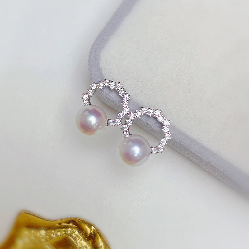 6-7MM seawater pearl round bright pure silver earrings and earrings, small and exquisite, cool and cool style earrings