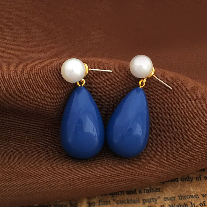 [DF] Pendientes de gota retro de plata S925 con forma de aguja azul, elegantes y sencillos, pendientes de perlas, pendientes antiguos de nicho