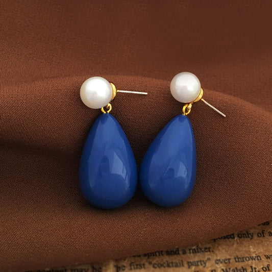 [DF]S925 silver needle retro blue drop-shaped earrings elegant and simple pearl earrings niche antique earrings