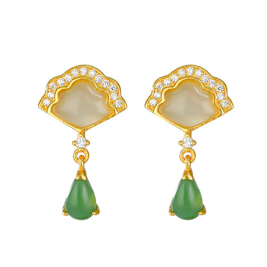 S925 silver inlaid Hetian jade mother-of-pearl waterdrop earrings with studs