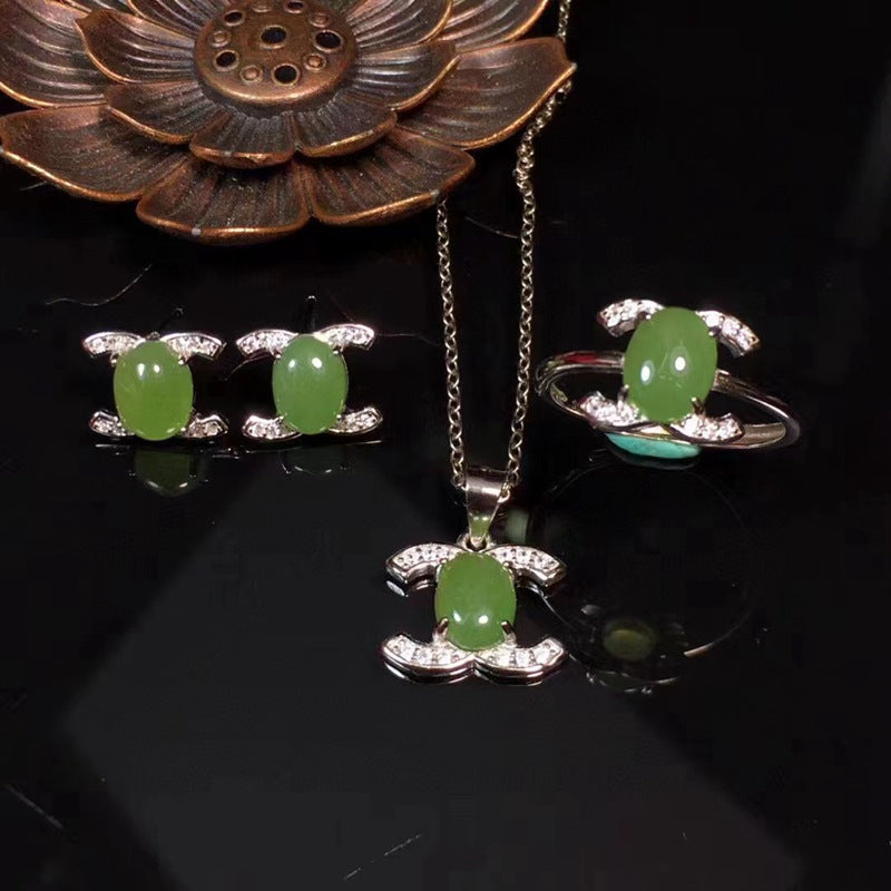 Nuevo conjunto de jade verde natural en plata s925