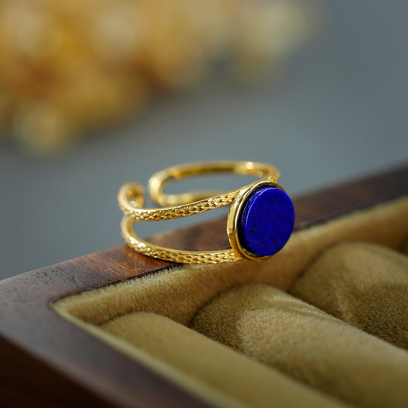 Bague lapis lazuli en argent plaqué or S925, ajourée à la mode