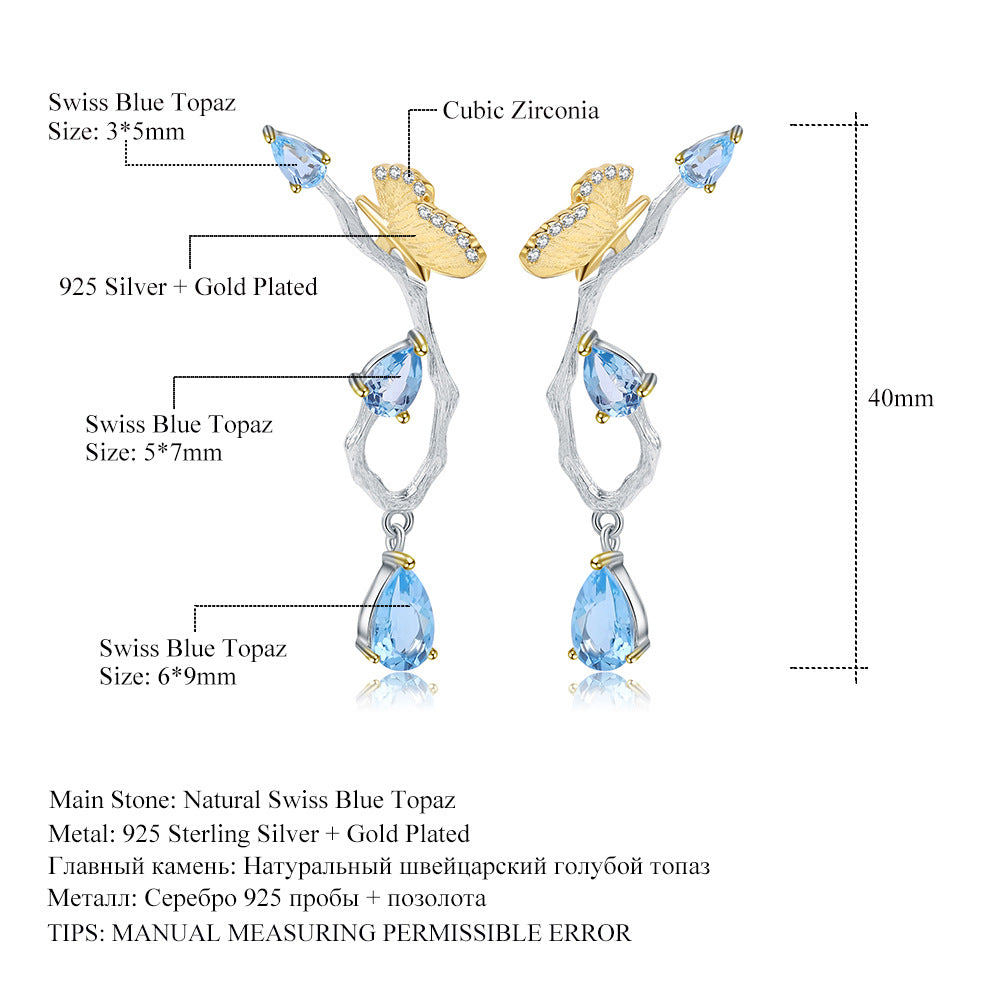 S925 Sterling Silver Natural Topaz Earrings and Earrings