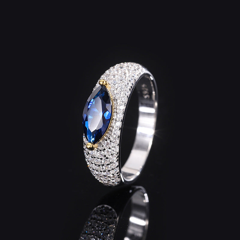 S925 all-over silver ring simulation colored gemstone high-quality texture marquise 5*10 diamond set ring women