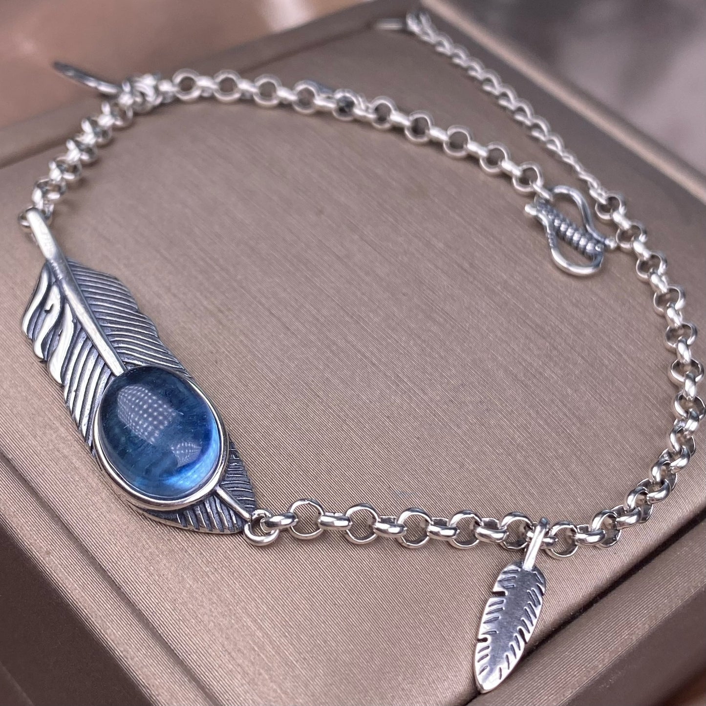 Aquamarine bracelet s925 silver inlaid retro old feather jewelry