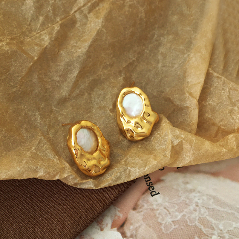 [DF]Boucles d'oreilles de style baroque rétro personnalisées en or véritable plaqué cuivre avec boucles d'oreilles en perles géométriques irrégulières, petites boucles d'oreilles pour femmes