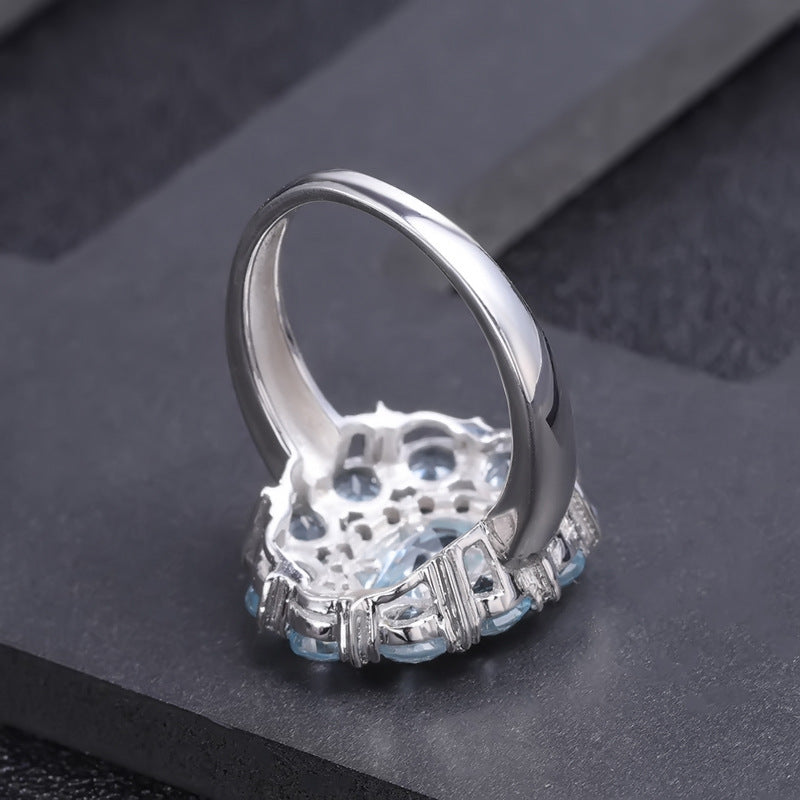 Anillo de topacio natural con diseño de flores, anillo de zafiro celeste con incrustaciones en plata s925