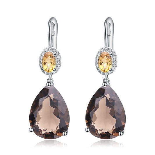 Natural gemstone pear shaped earrings s925 silver inlaid with natural tea crystal earrings