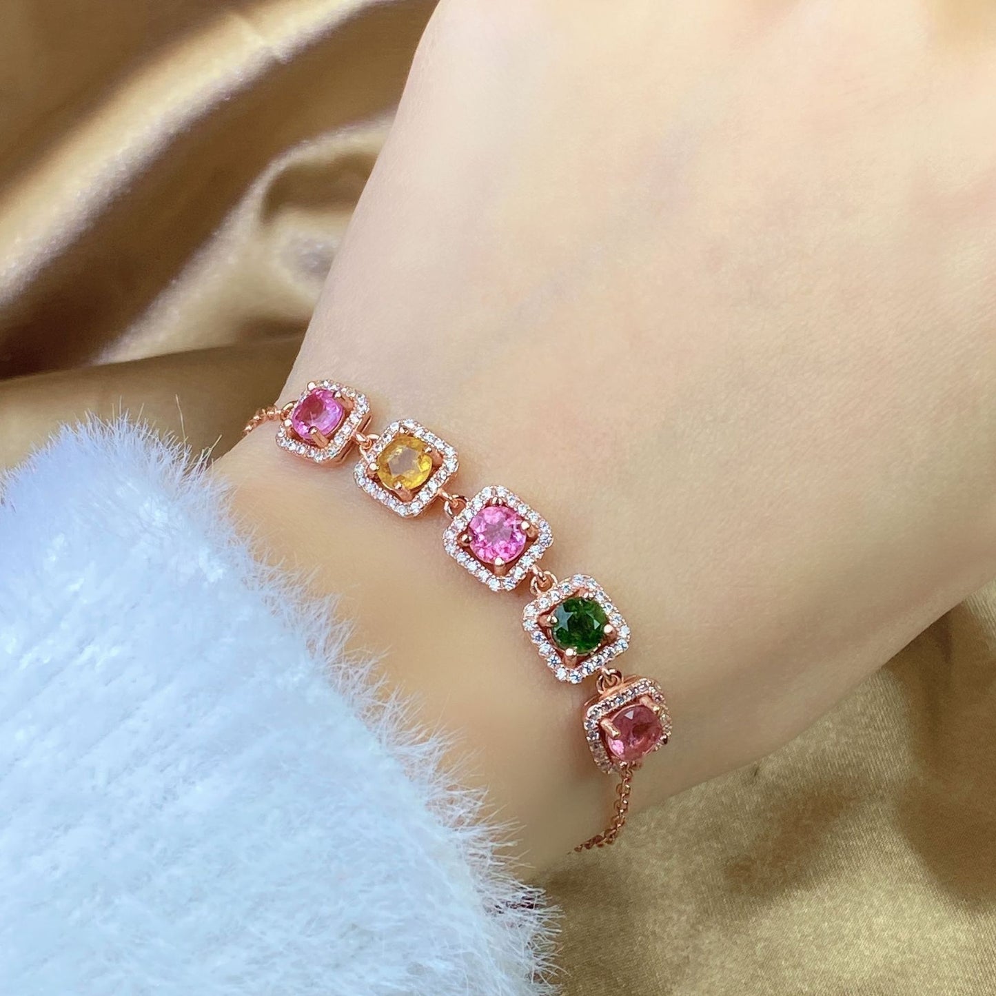 Natural Brazilian Tourmaline Princess Square Bracelet, Feminine Style, Sweet Rococo Style, S925 Sterling Silver Inlaid Gem Bracelet