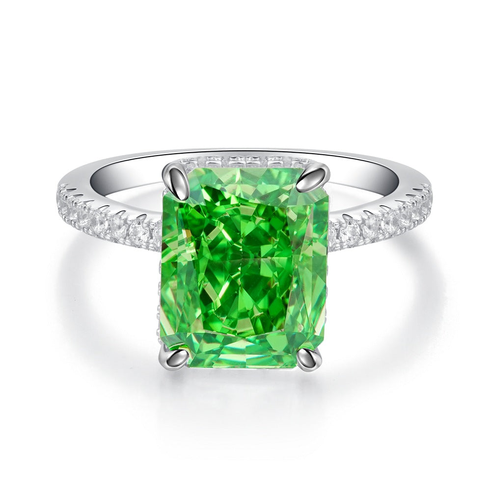 High Carbon Diamond S925 Pure Silver Ice Flower Cut Zircon Ring Female Emerald