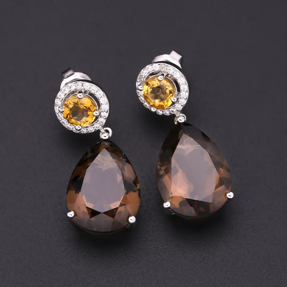 Natural Gemstone Drop Earrings S925 Silver Set Natural Citrine Stud Earrings