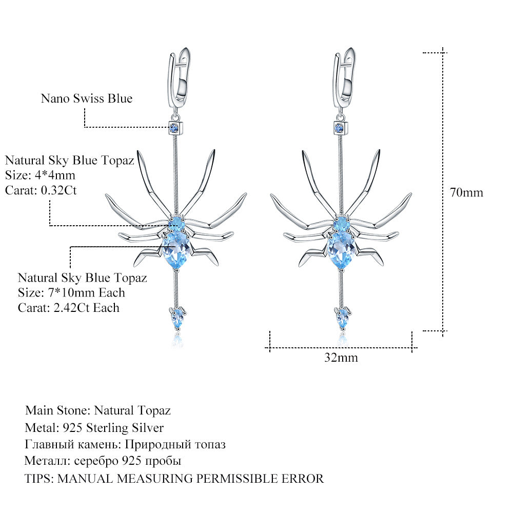 Pendientes colgantes de topacio natural en plata de ley S925 con diseño de araña