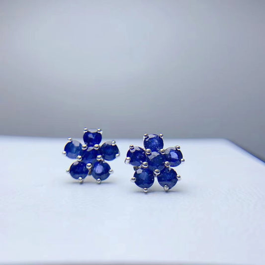 [DF]Boucles d'oreilles en saphir naturel du Sri Lanka, petite fleur classique avec incrustation en argent 925 