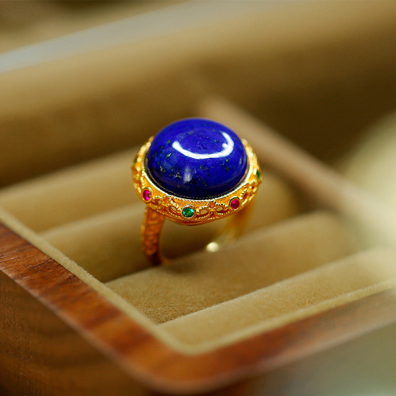 Bague parfaite en Lapis-lazuli naturel incrusté d'or plaqué argent S925