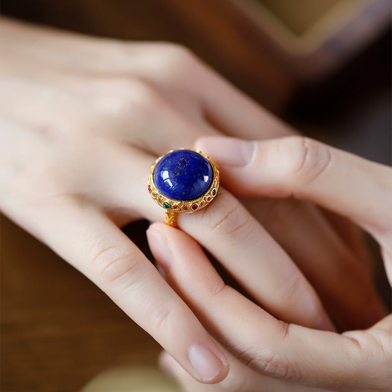 Bague parfaite en Lapis-lazuli naturel incrusté d'or plaqué argent S925