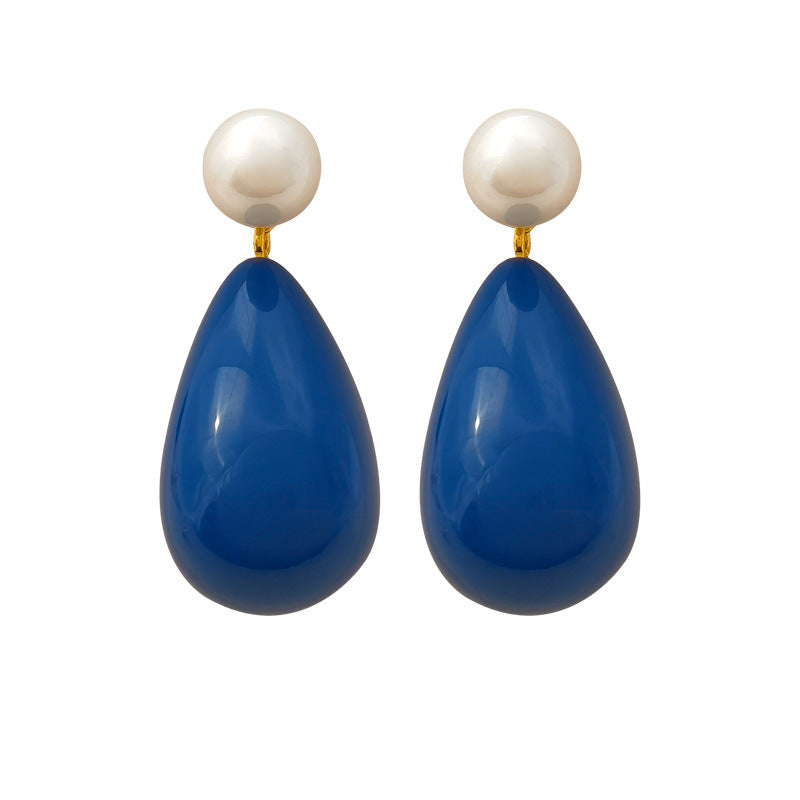 [DF]S925 silver needle retro blue drop-shaped earrings elegant and simple pearl earrings niche antique earrings