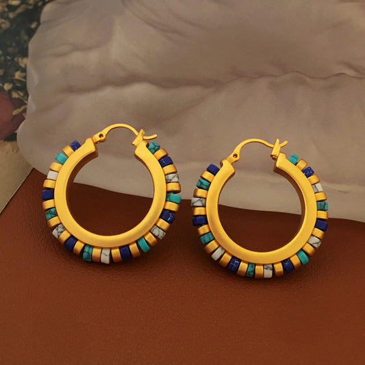 [DF]Or véritable plaqué cuivre, boucles d'oreilles circulaires géométriques contrastées rétro européennes et américaines, boucles d'oreilles de niche, boucles d'oreilles en pierre naturelle haut de gamme