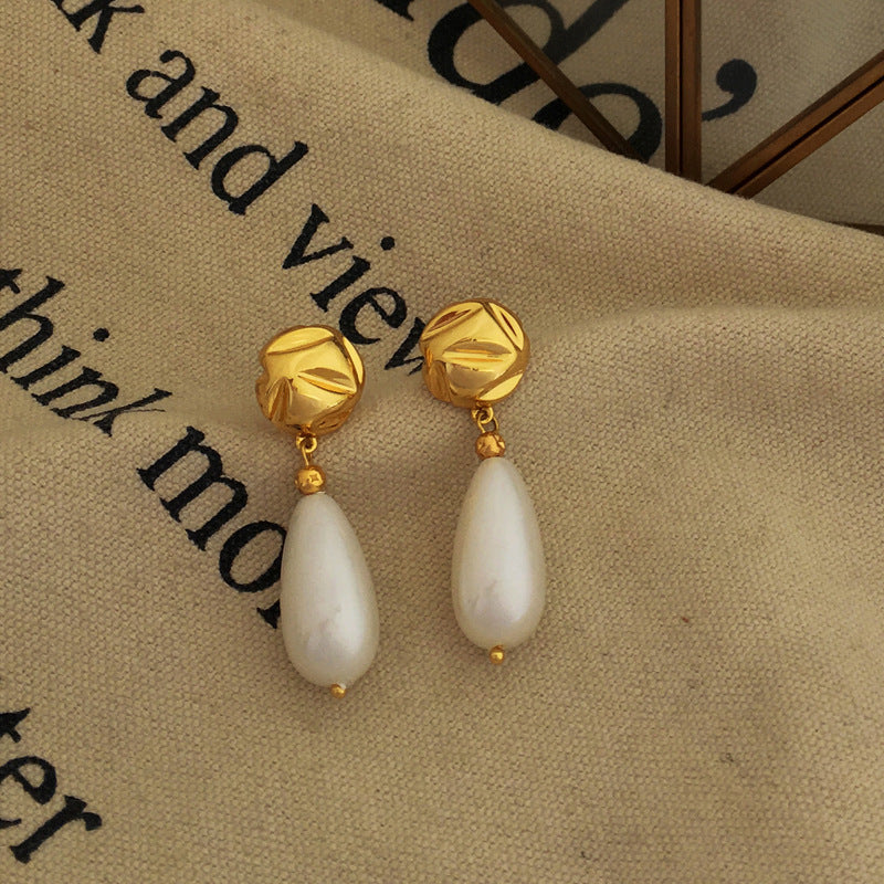 [DF]Copper plated gold S925 silver needle fashion baroque earrings simple retro drop pearl earrings earrings