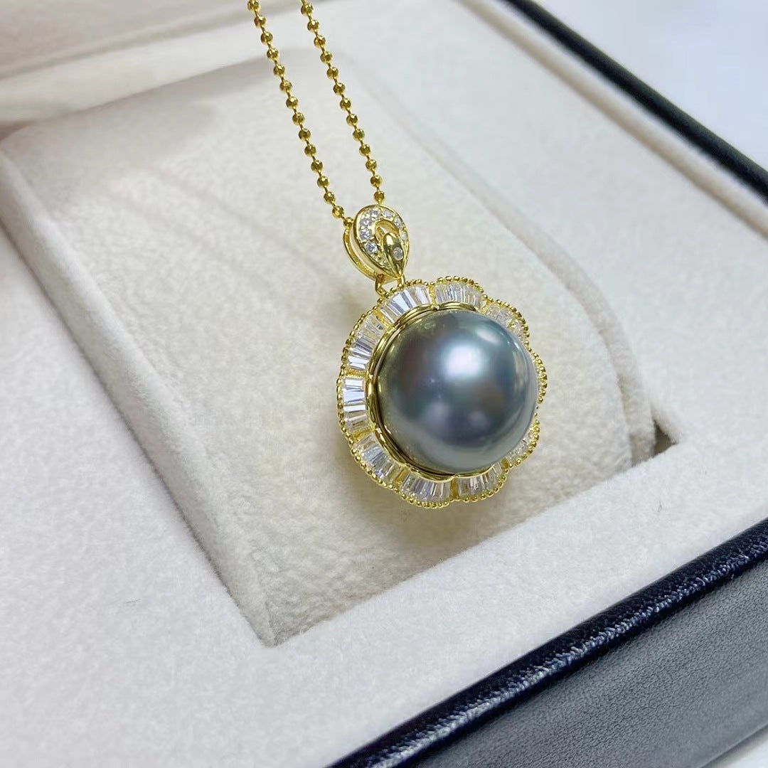 S925 Silver Pearl Pendant Tahiti Sea Black Pearl 13-14mm good quality pearl pendant