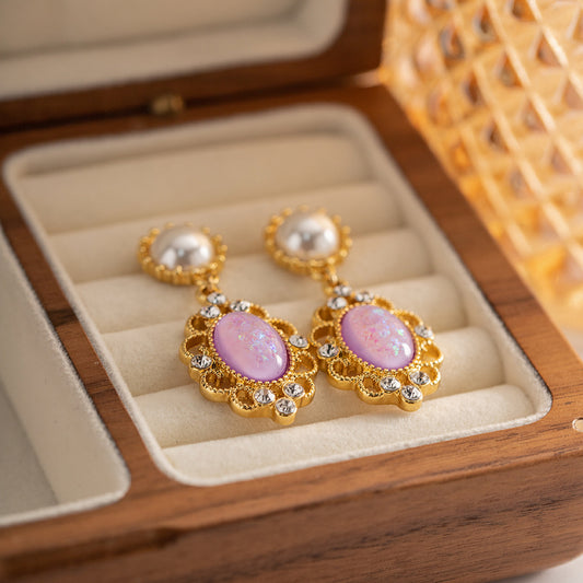 Retro palace style, light luxury design, dazzling color design, classical pink purple earrings, copper plated 18K gold earrings, female