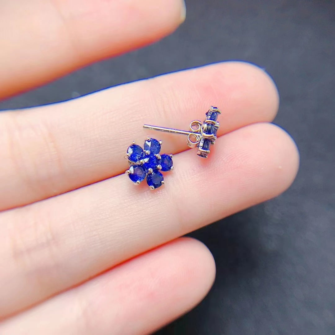 [DF]Natural Sri Lanka sapphire stud earrings classic small flower with 925 silver inlay