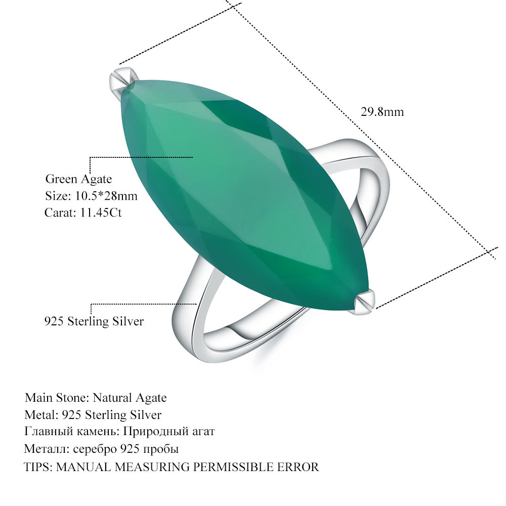 Marquise Gemstone Green Agate Ring Premium Fashion S925 Sterling Silver Inlaid Natural Colored Stone Ring